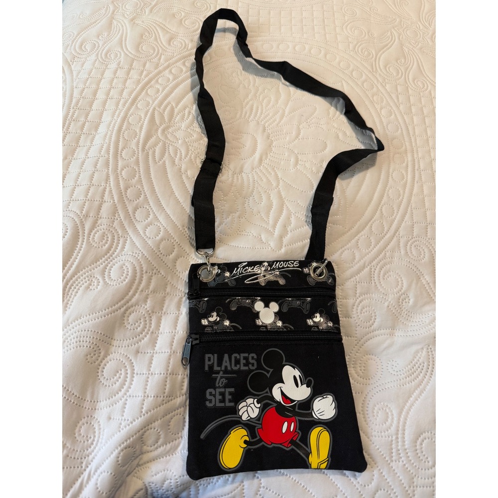 Disney Mickey Mouse Places to See Black Canvas Crossbody Travel Passport Bag